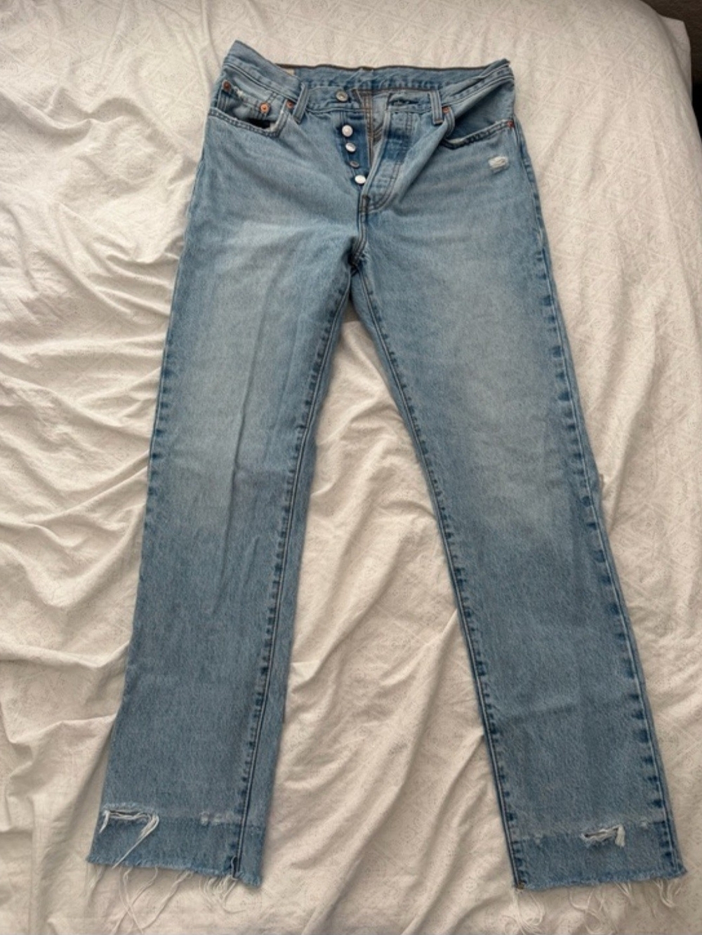 Levi's 501 Light Blue Women's Straight-Leg Jeans with Button Fly, Distressed Hem